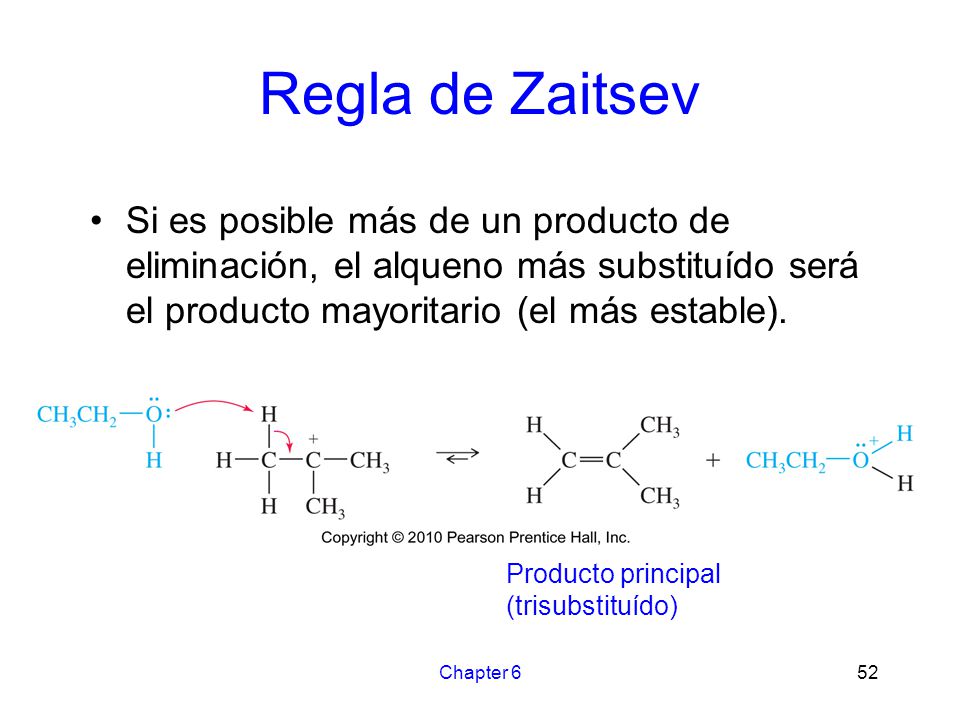 Regla de Zaitsev Si es posible más de un producto de eliminación, el alqueno más substituído será el producto mayoritario (el más estable).