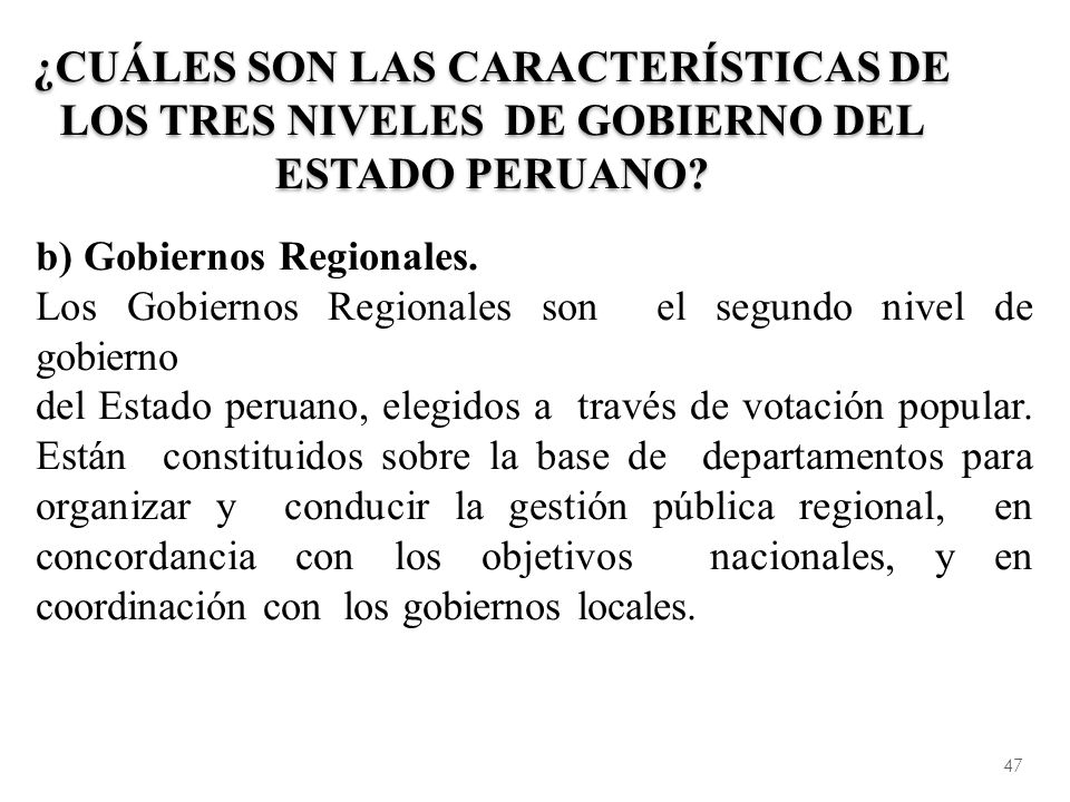 ¿Cuáles son las características de los tres niveles de gobierno del Estado Peruano