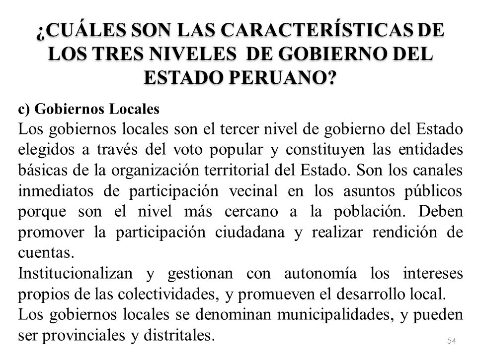 ¿Cuáles son las características de los tres niveles de gobierno del Estado Peruano