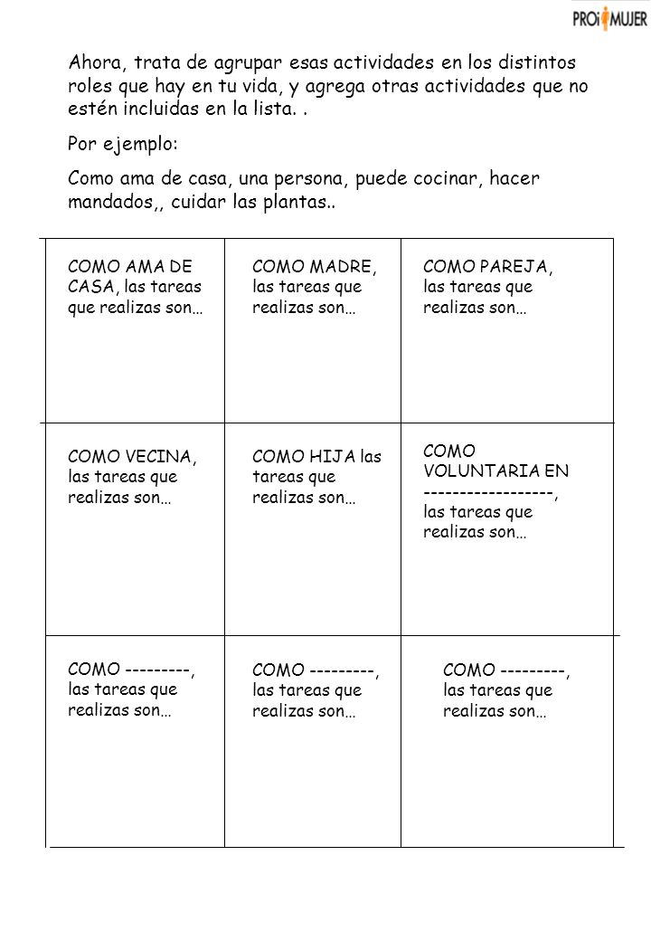Ahora, trata de agrupar esas actividades en los distintos roles que hay en tu vida, y agrega otras actividades que no estén incluidas en la lista. .