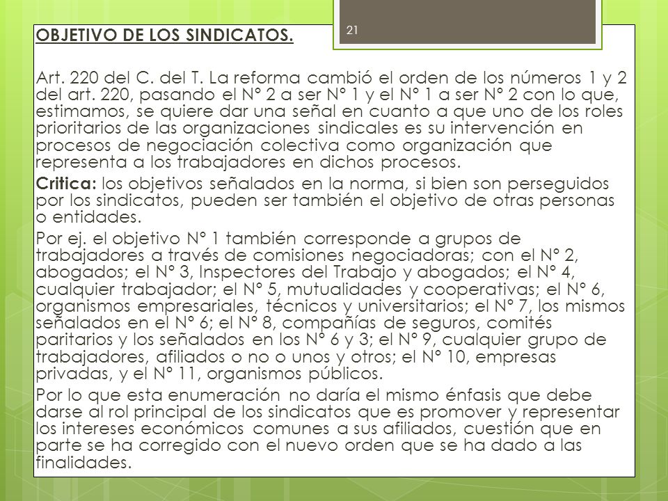 OBJETIVO DE LOS SINDICATOS. Art. 220 del C. del T
