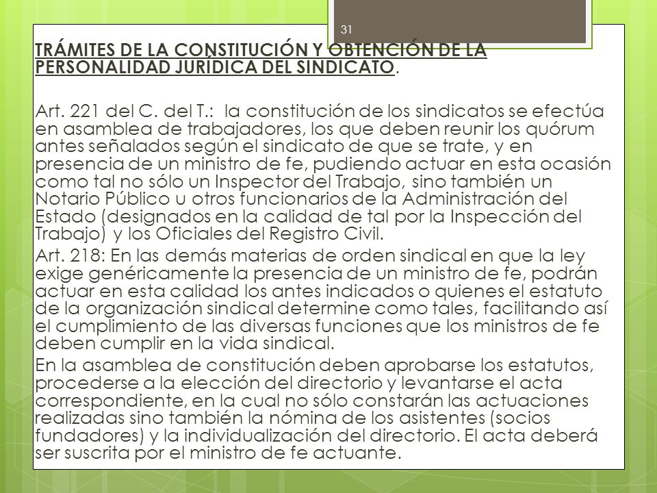 TRÁMITES DE LA CONSTITUCIÓN Y OBTENCIÓN DE LA PERSONALIDAD JURÍDICA DEL SINDICATO.