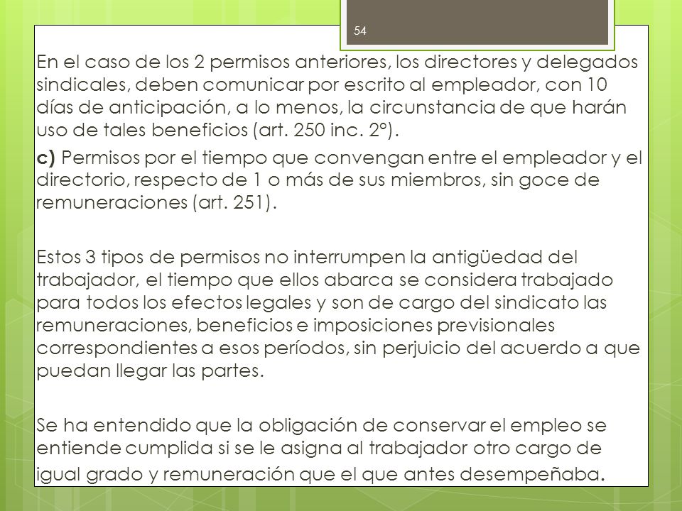 En el caso de los 2 permisos anteriores, los directores y delegados sindicales, deben comunicar por escrito al empleador, con 10 días de anticipación, a lo menos, la circunstancia de que harán uso de tales beneficios (art.