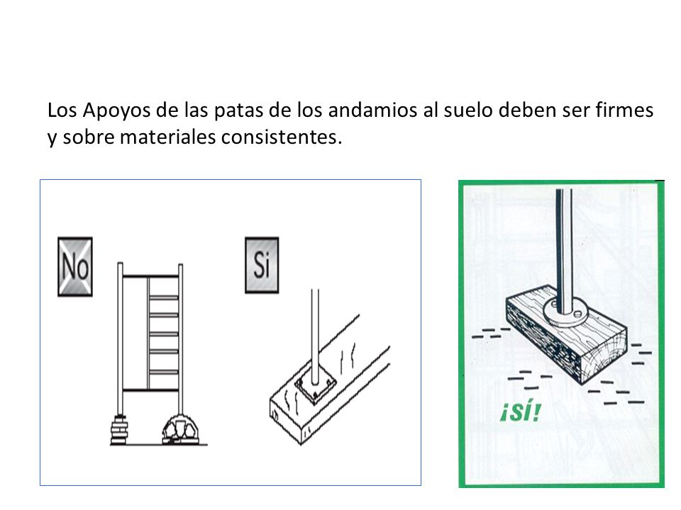 Los Apoyos de las patas de los andamios al suelo deben ser firmes y sobre materiales consistentes.