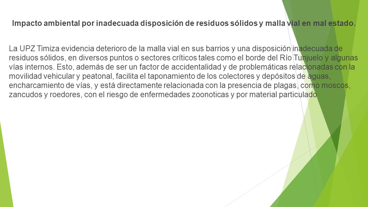 Impacto ambiental por inadecuada disposición de residuos sólidos y malla vial en mal estado.
