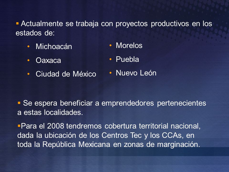 Actualmente se trabaja con proyectos productivos en los estados de: