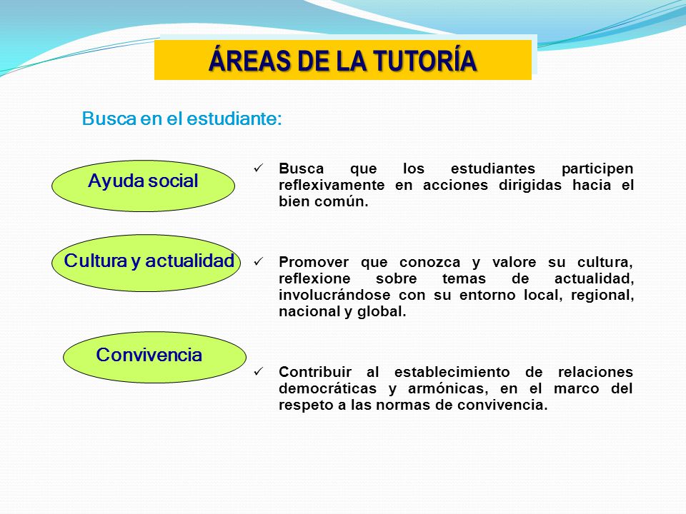 ÁREAS DE LA TUTORÍA Busca en el estudiante: Ayuda social