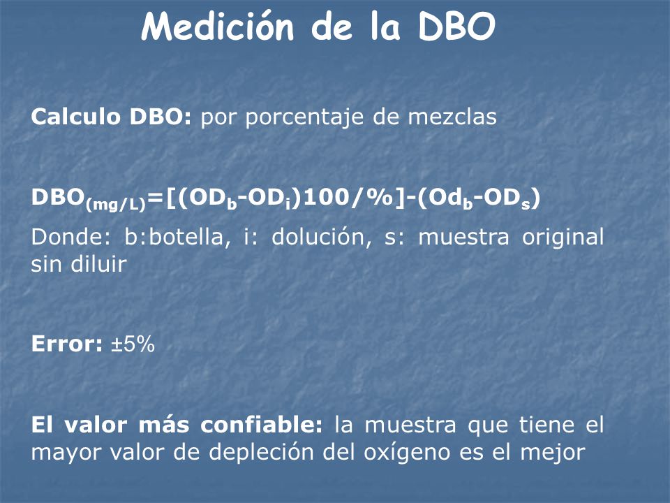 Medición de la DBO Calculo DBO: por porcentaje de mezclas