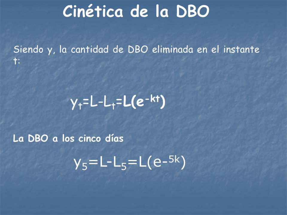 Cinética de la DBO Siendo y, la cantidad de DBO eliminada en el instante t: yt=L-Lt=L(е-kt) La DBO a los cinco días.