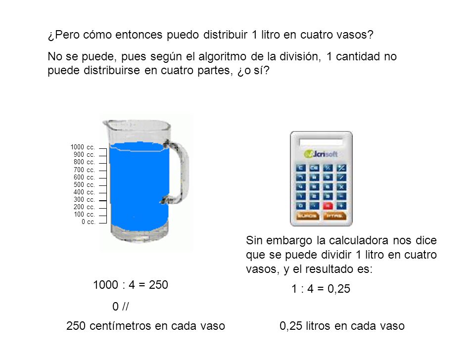 ¿Pero cómo entonces puedo distribuir 1 litro en cuatro vasos