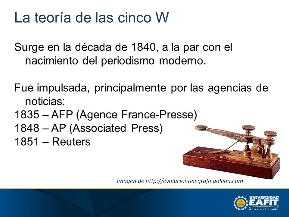 La teoría de las cinco W Surge en la década de 1840, a la par con el nacimiento del periodismo moderno.