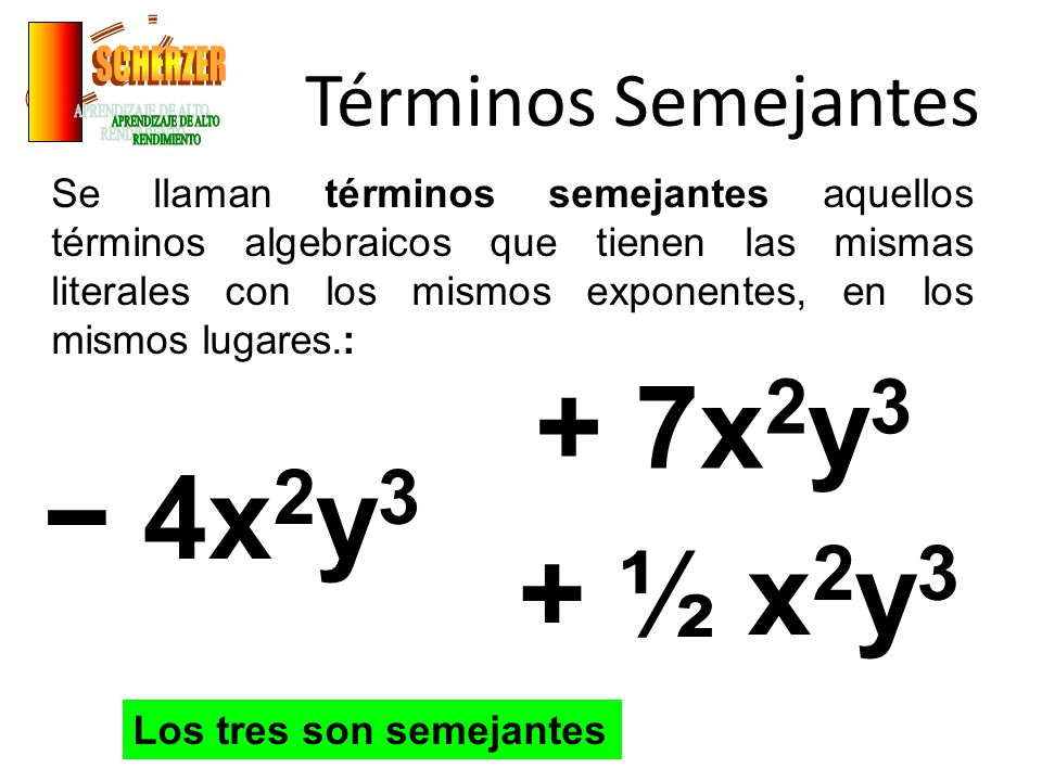 + 7x2y3 − 4x2y3 + ½ x2y3 Términos Semejantes SCHERZER