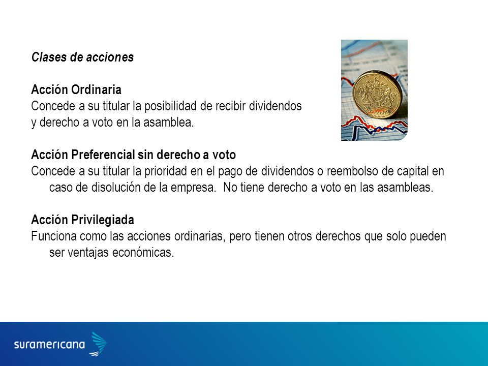 Clases de acciones Acción Ordinaria Concede a su titular la posibilidad de recibir dividendos y derecho a voto en la asamblea.