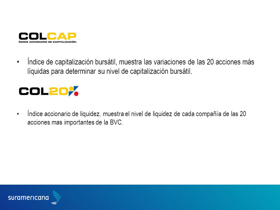 Índice de capitalización bursátil, muestra las variaciones de las 20 acciones más líquidas para determinar su nivel de capitalización bursátil.