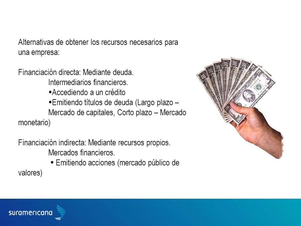 Alternativas de obtener los recursos necesarios para una empresa: Financiación directa: Mediante deuda.
