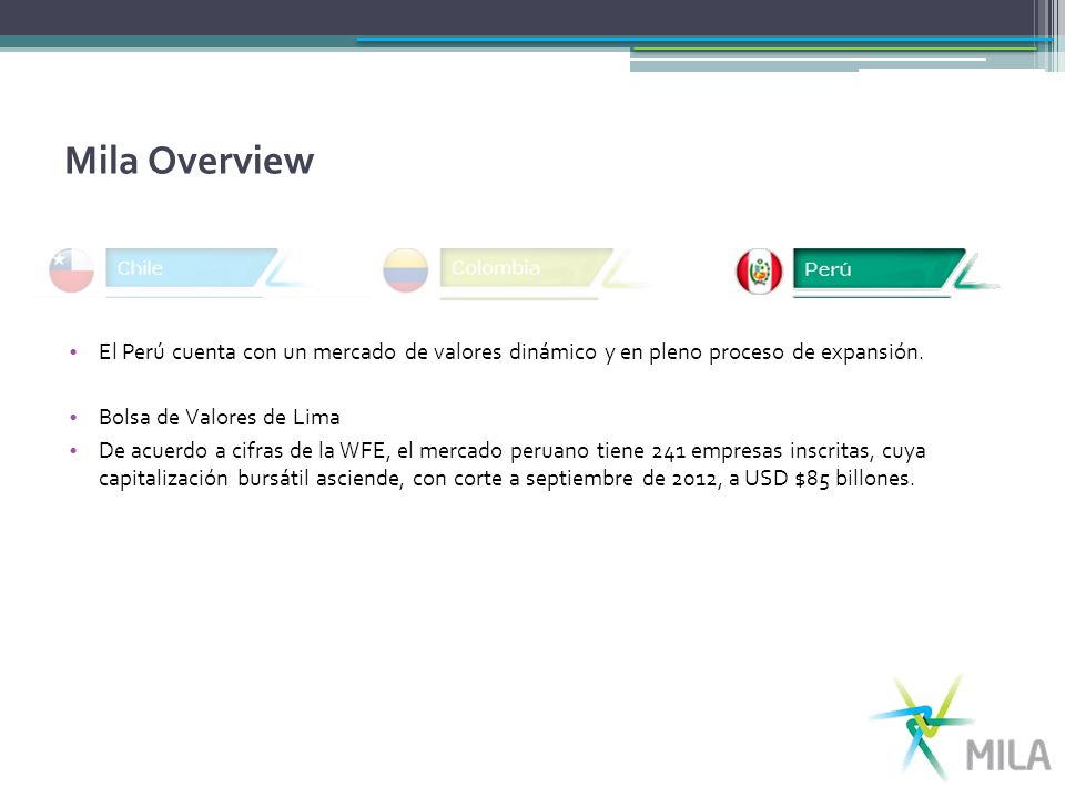 Mila Overview El Perú cuenta con un mercado de valores dinámico y en pleno proceso de expansión. Bolsa de Valores de Lima.