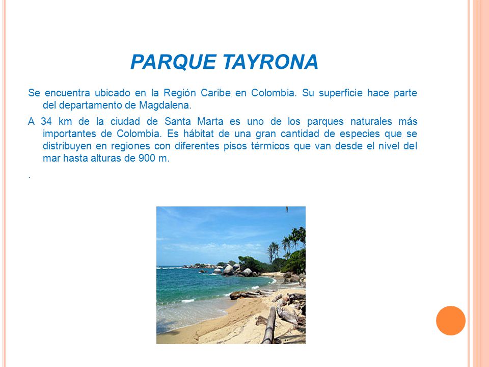 PARQUE TAYRONA Se encuentra ubicado en la Región Caribe en Colombia. Su superficie hace parte del departamento de Magdalena.