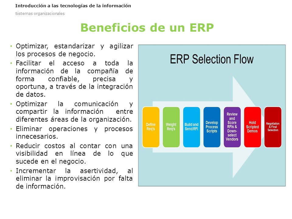 Beneficios de un ERP Optimizar, estandarizar y agilizar los procesos de negocio.
