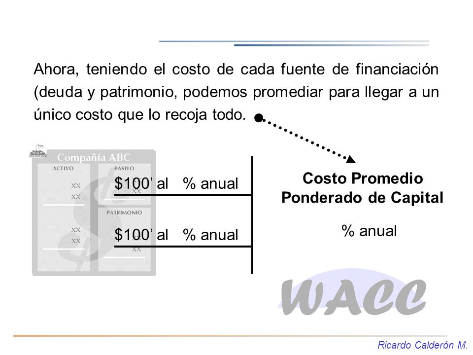 Ahora, teniendo el costo de cada fuente de financiación (deuda y patrimonio, podemos promediar para llegar a un único costo que lo recoja todo.
