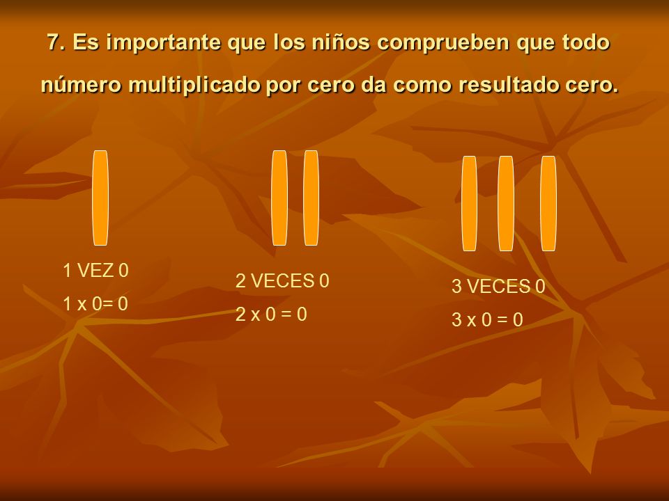 7. Es importante que los niños comprueben que todo número multiplicado por cero da como resultado cero.