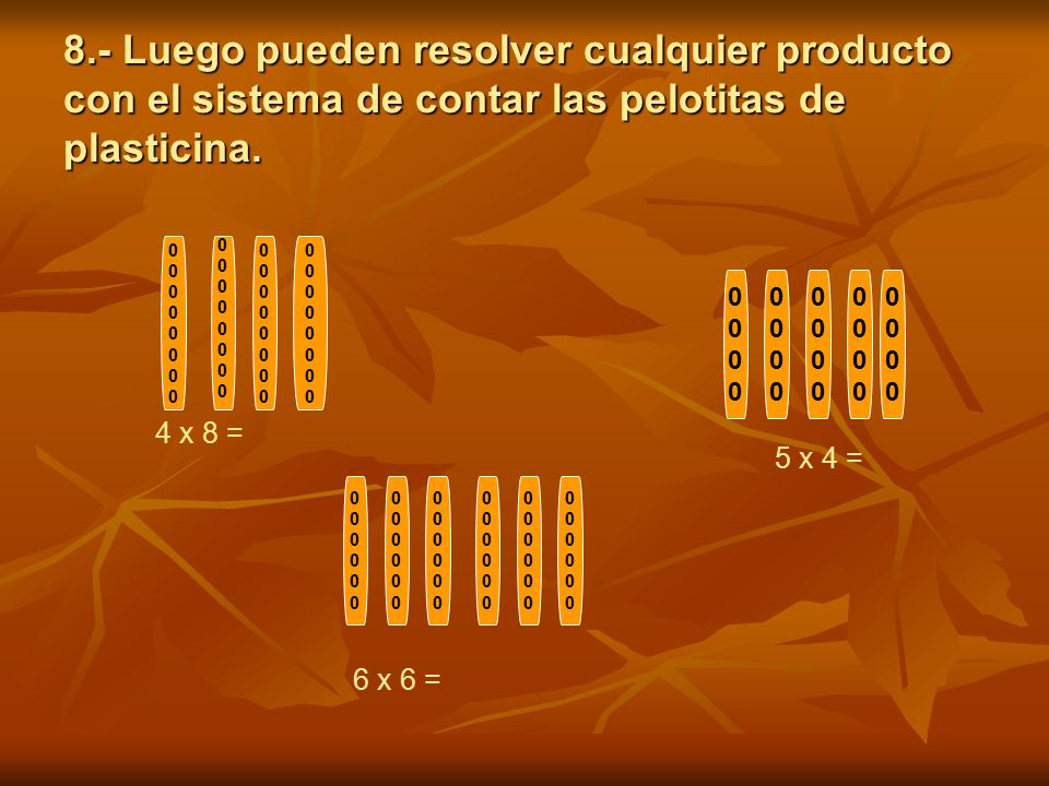 8.- Luego pueden resolver cualquier producto con el sistema de contar las pelotitas de plasticina.