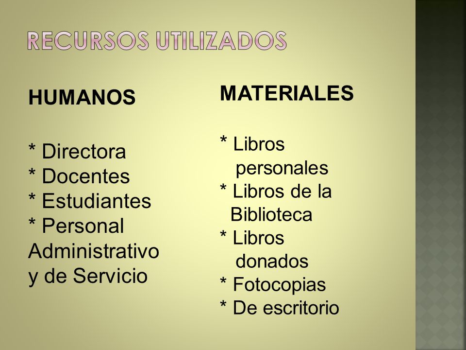 RECURSOS UTILIZADOS MATERIALES HUMANOS * Libros * Directora * Docentes