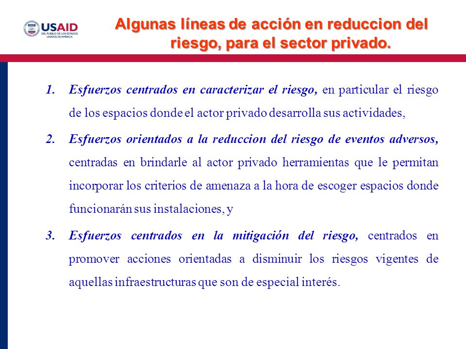 Algunas líneas de acción en reduccion del riesgo, para el sector privado.