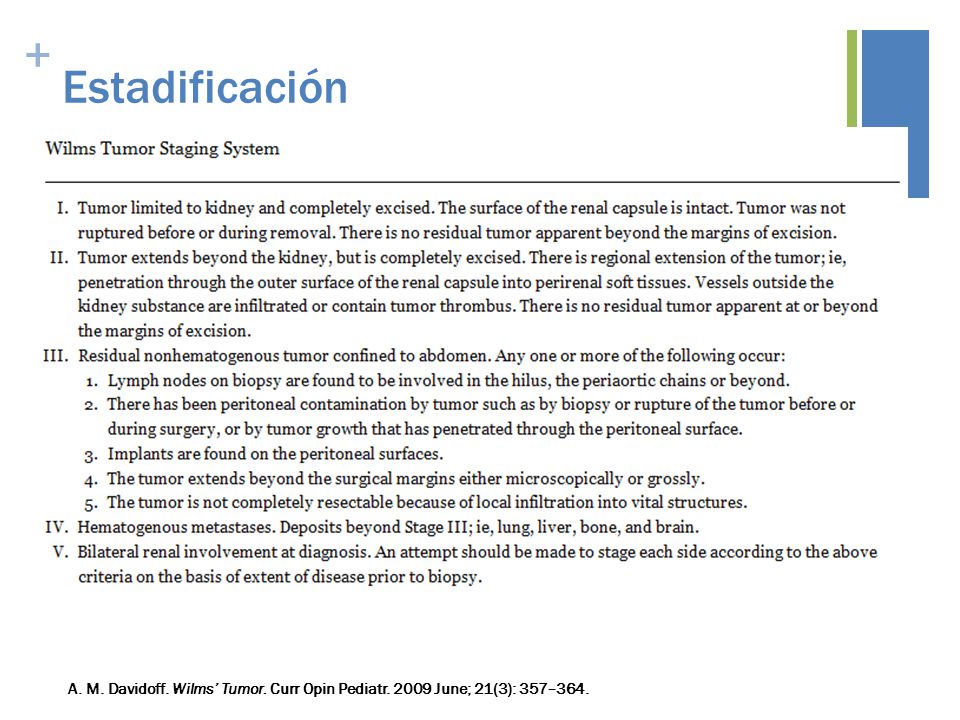 Estadificación A. M. Davidoff. Wilms’ Tumor. Curr Opin Pediatr June; 21(3): 357–364.