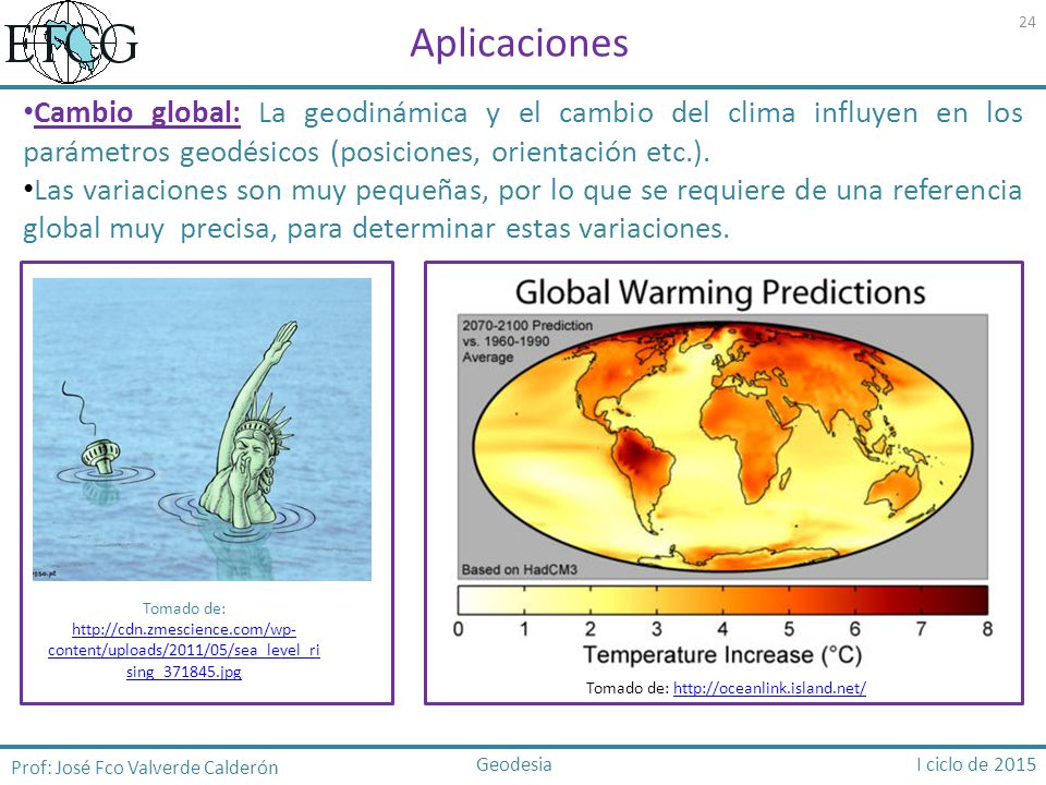 Aplicaciones Cambio global: La geodinámica y el cambio del clima influyen en los parámetros geodésicos (posiciones, orientación etc.).