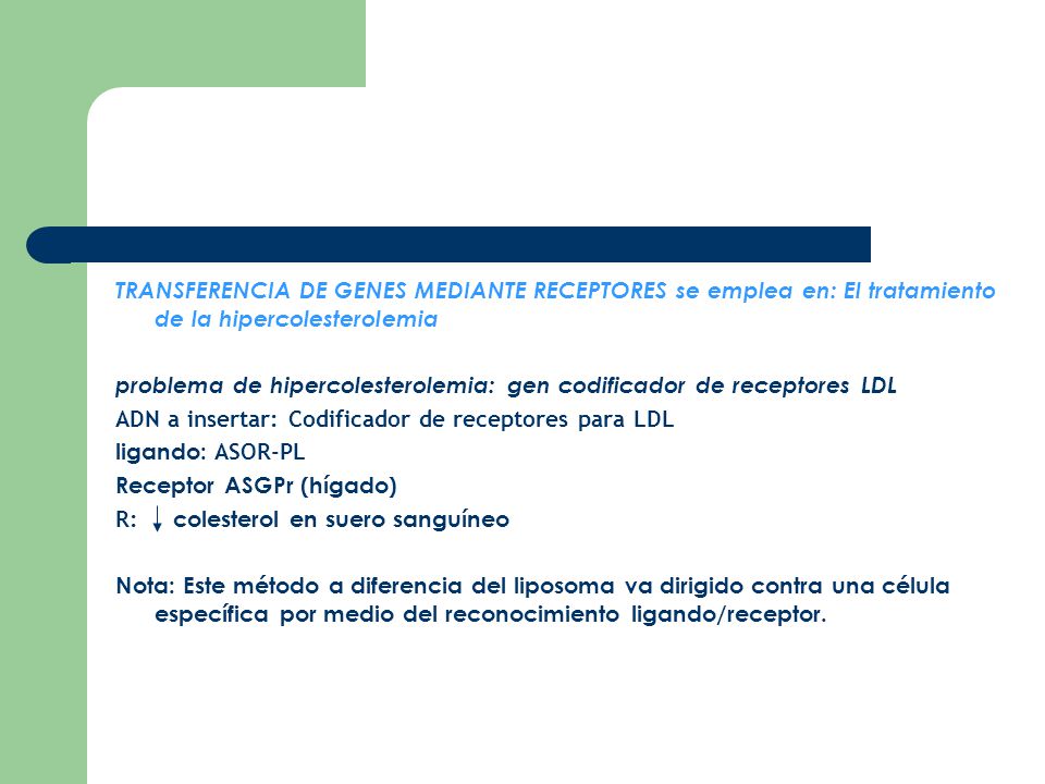 TRANSFERENCIA DE GENES MEDIANTE RECEPTORES se emplea en: El tratamiento de la hipercolesterolemia