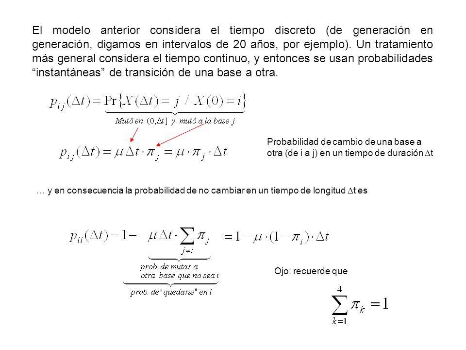 El modelo anterior considera el tiempo discreto (de generación en generación, digamos en intervalos de 20 años, por ejemplo). Un tratamiento más general considera el tiempo continuo, y entonces se usan probabilidades instantáneas de transición de una base a otra.