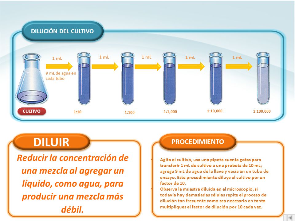 DILUCIÓN DEL CULTIVO Proyectos. 1 mL. 1 mL. 1 mL. 1 mL. 1 mL. 9 mL de agua en cada tubo. CULTIVO.