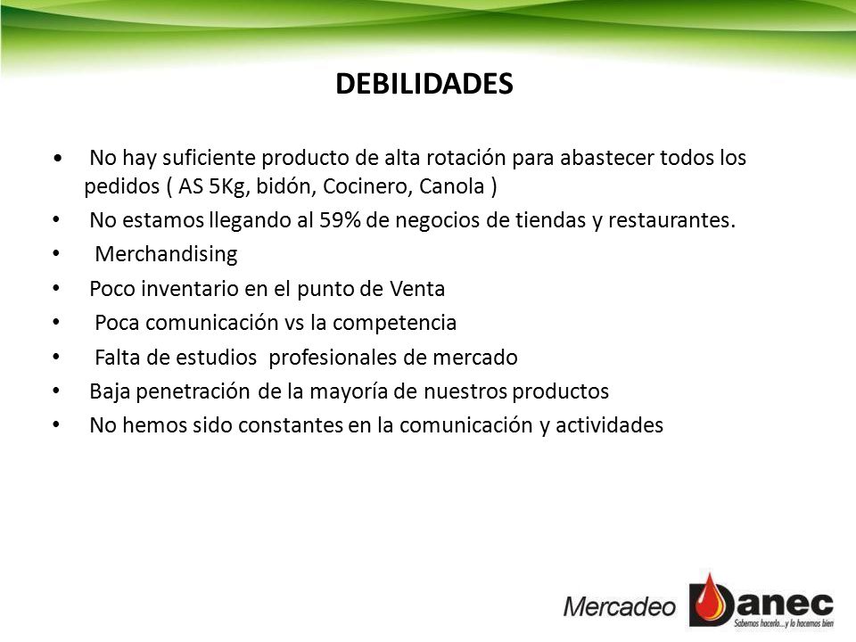 DEBILIDADES No hay suficiente producto de alta rotación para abastecer todos los pedidos ( AS 5Kg, bidón, Cocinero, Canola )
