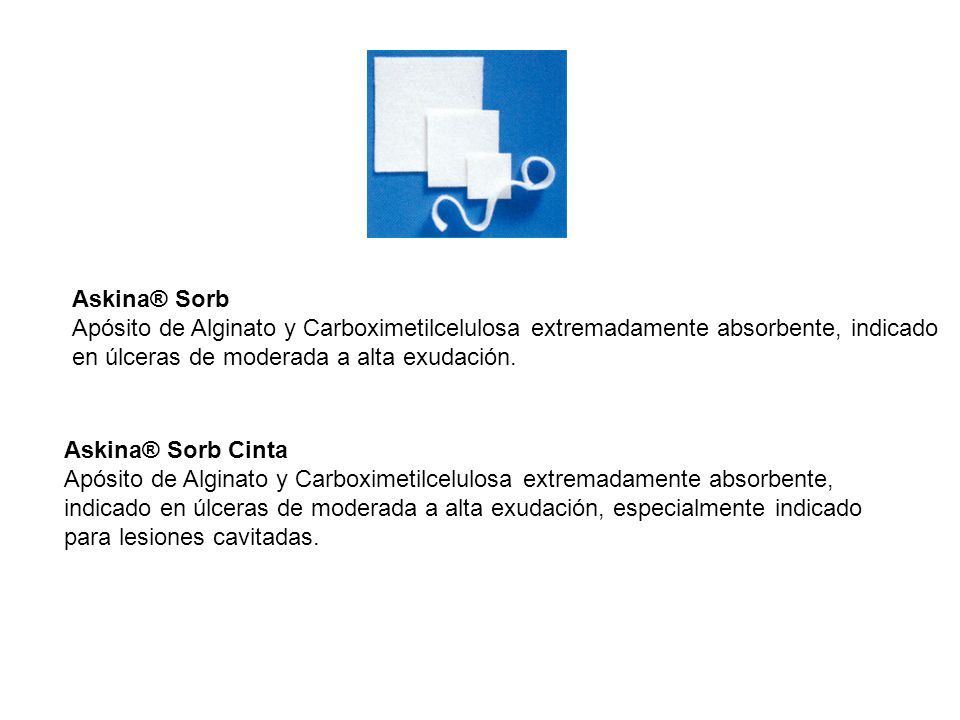 Askina® Sorb Apósito de Alginato y Carboximetilcelulosa extremadamente absorbente, indicado en úlceras de moderada a alta exudación.