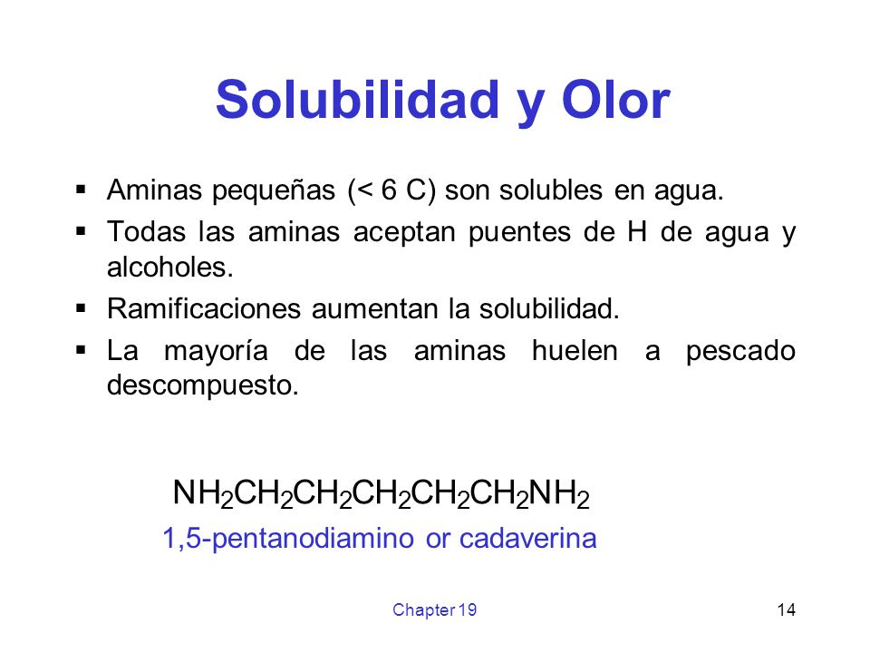 Solubilidad y Olor Aminas pequeñas (< 6 C) son solubles en agua. Todas las aminas aceptan puentes de H de agua y alcoholes.