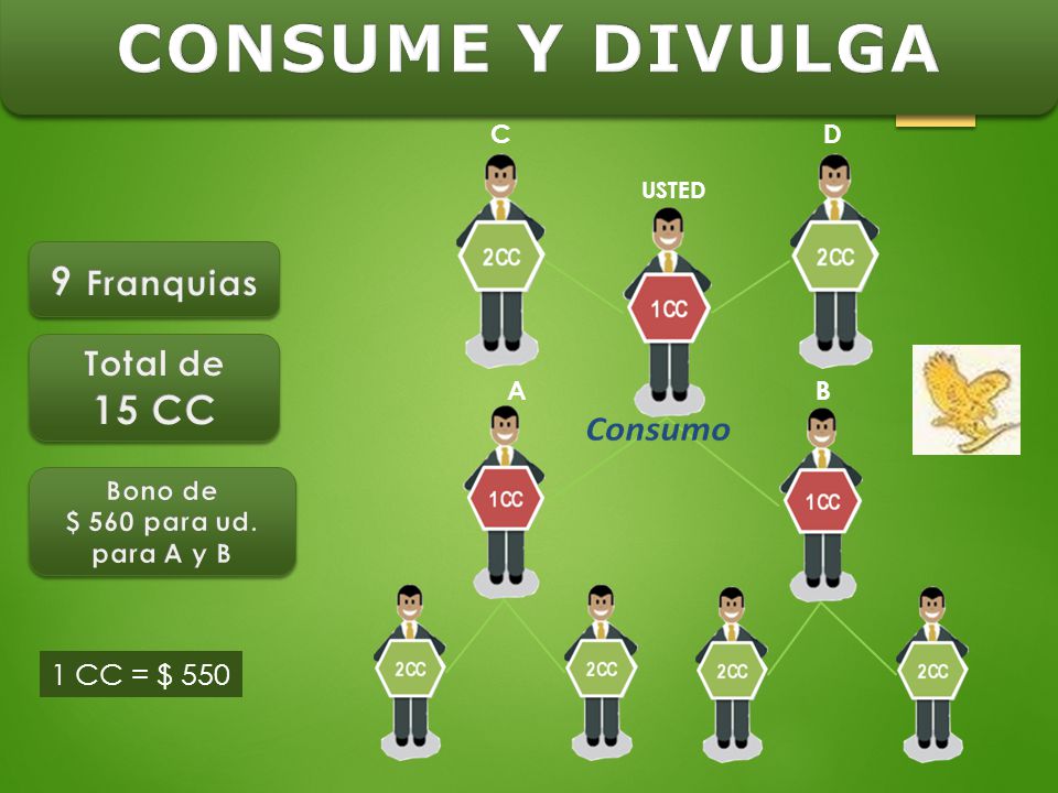 CONSUME Y DIVULGA 9 Franquias 15 CC Total de 1 CC = $ 550 C D A B