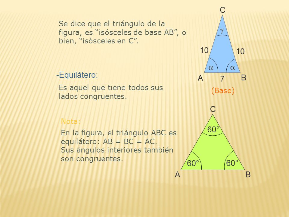(Base) Se dice que el triángulo de la figura, es isósceles de base AB , o bien, isósceles en C . -Equilátero: