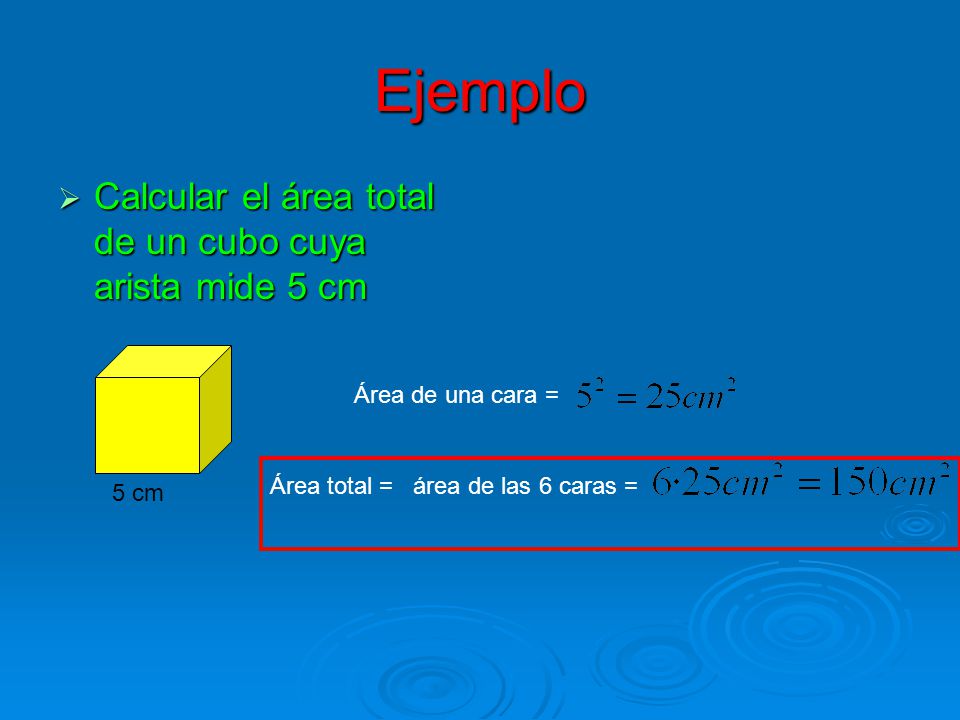 Ejemplo Calcular el área total de un cubo cuya arista mide 5 cm