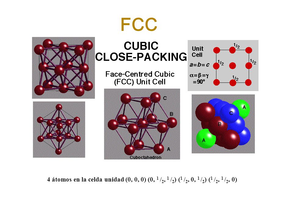 FCC 4 átomos en la celda unidad (0, 0, 0) (0, 1 /2, 1 /2) (1 /2, 0, 1 /2) (1 /2, 1 /2, 0)