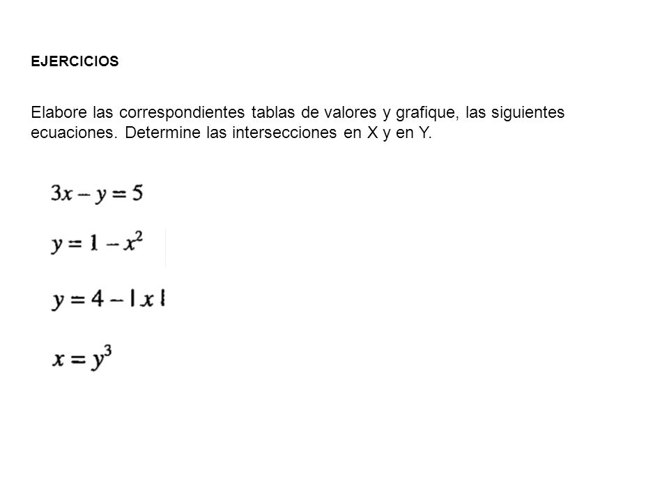 EJERCICIOS Elabore las correspondientes tablas de valores y grafique, las siguientes ecuaciones.
