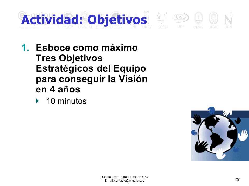 Actividad: Objetivos Esboce como máximo Tres Objetivos Estratégicos del Equipo para conseguir la Visión en 4 años.