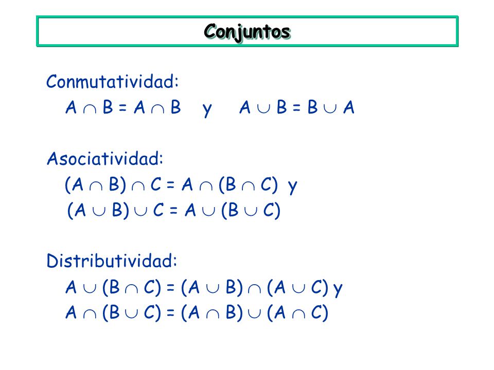 Conjuntos Conmutatividad: A  B = A  B y A  B = B  A Asociatividad: