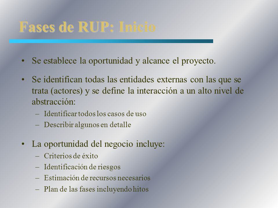 Fases de RUP: Inicio Se establece la oportunidad y alcance el proyecto.