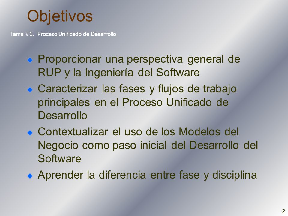 Objetivos Tema #1. Proceso Unificado de Desarrollo. Proporcionar una perspectiva general de RUP y la Ingeniería del Software.