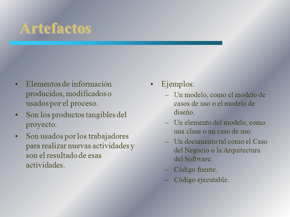 Artefactos Elementos de información producidos, modificados o usados por el proceso. Son los productos tangibles del proyecto.