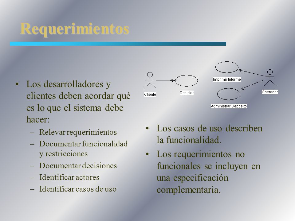 Requerimientos Los desarrolladores y clientes deben acordar qué es lo que el sistema debe hacer: Relevar requerimientos.