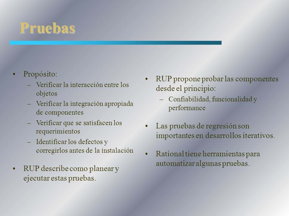 Pruebas Propósito: Verificar la interacción entre los objetos. Verificar la integración apropiada de componentes.