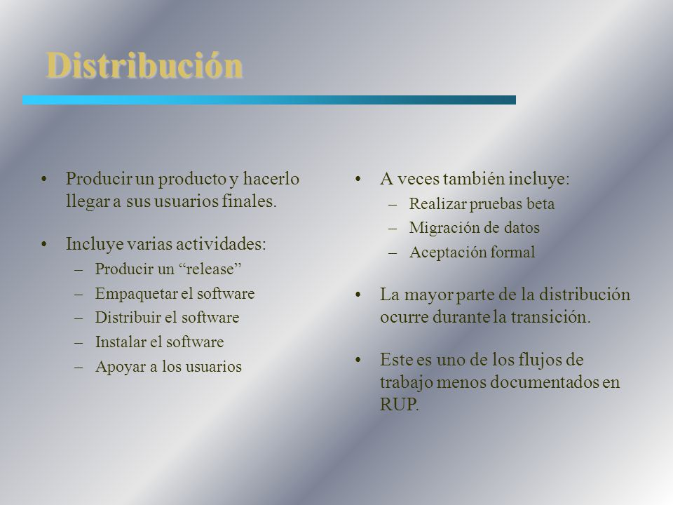 Distribución Producir un producto y hacerlo llegar a sus usuarios finales. Incluye varias actividades: