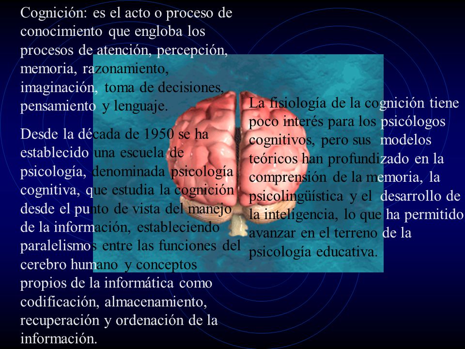 Cognición: es el acto o proceso de conocimiento que engloba los procesos de atención, percepción, memoria, razonamiento, imaginación, toma de decisiones, pensamiento y lenguaje.