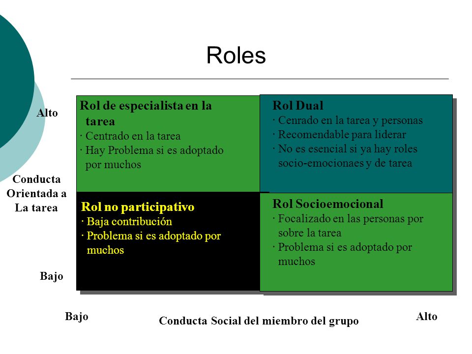 Roles Rol de especialista en la tarea Rol Dual Rol no participativo